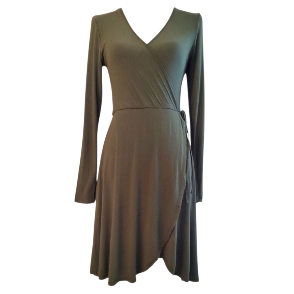 Heart Hips Long Sleeve Olive Green V-neck Midi Wrap Dress Flared Skirt Size M